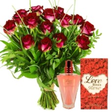 Red roses + free rose perfume (Bouquet of 10 red roses incl. leaf material + free rose perfume)